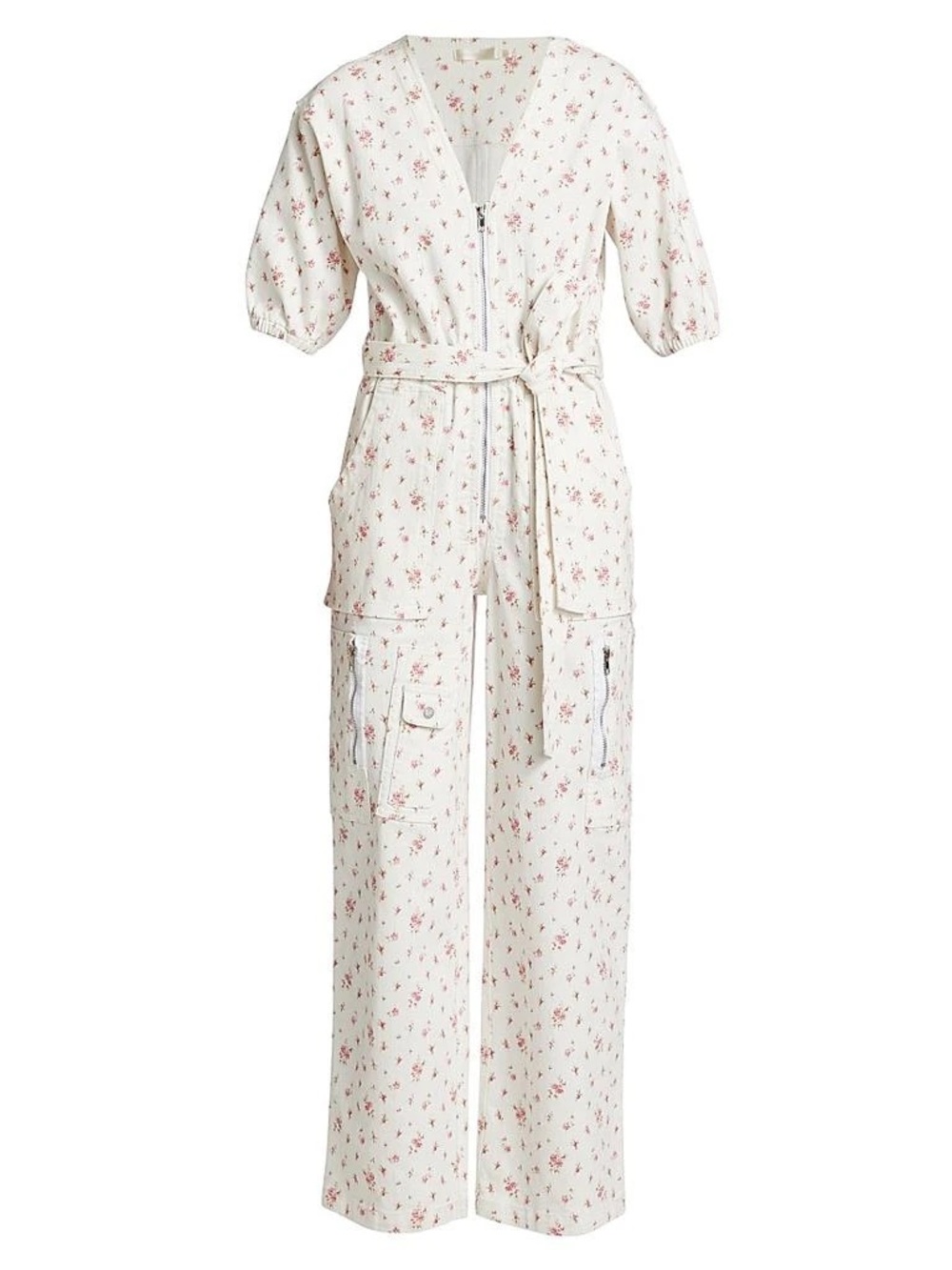 LoveShackFancy Cream Floral Utility Jumpsuit with Pink Print